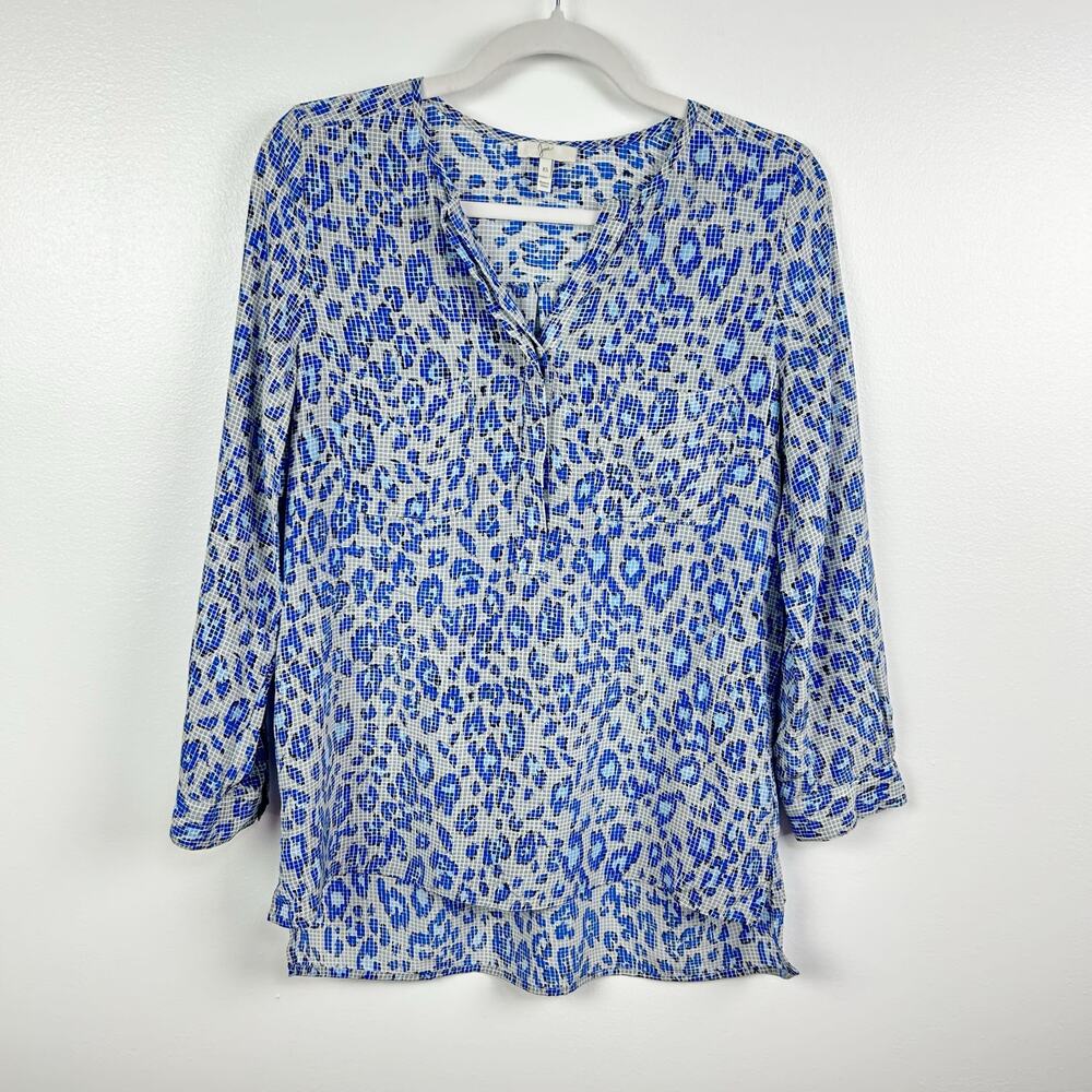 Joie 100% Silk Blue Gray Leopard Print Grid Blouse Women’s Career Wear Size XS
